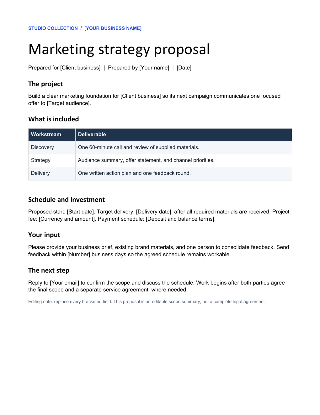 Studio style proposal template with scope table, schedule, and next step